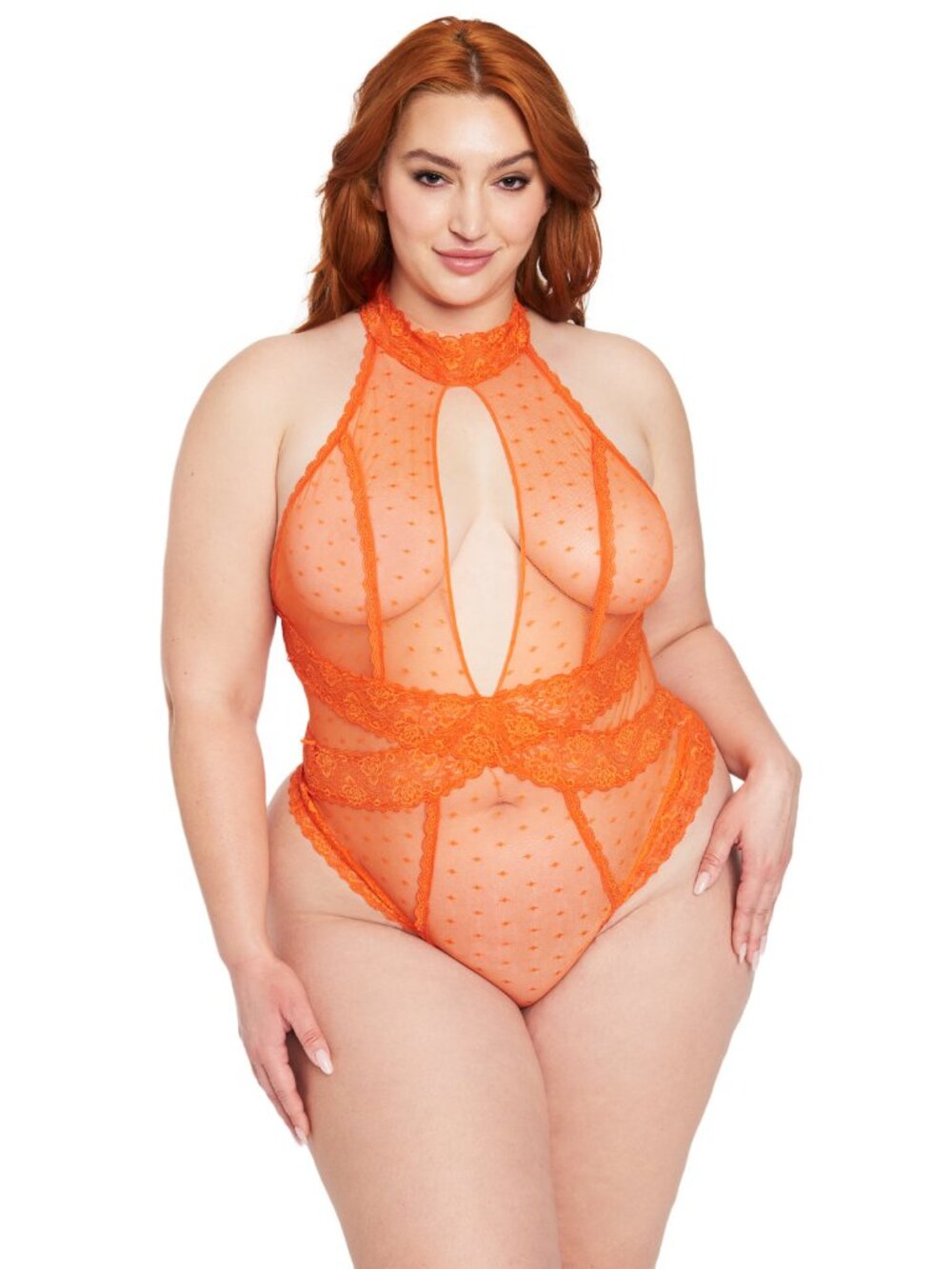 Frederick's of Hollywood Alexia Love Red Orange Mesh Halter Teddy S NWT